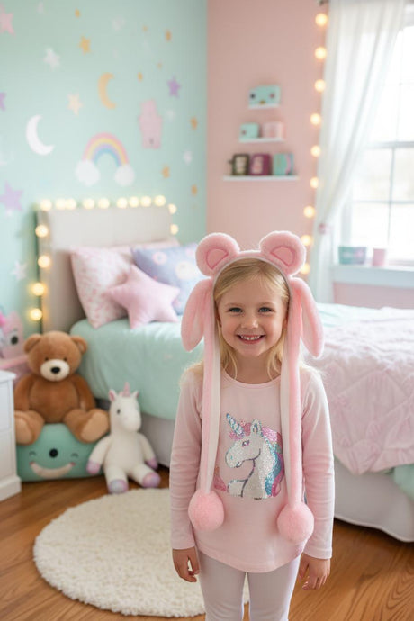 Child in a soft pink bunny ear headband with long hanging ears and fluffy pink pom poms