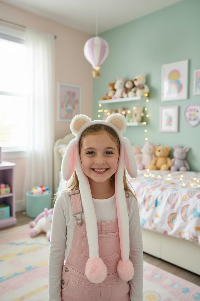 White plush animal ear headband with pale pink inner ears worn by a smiling young girl