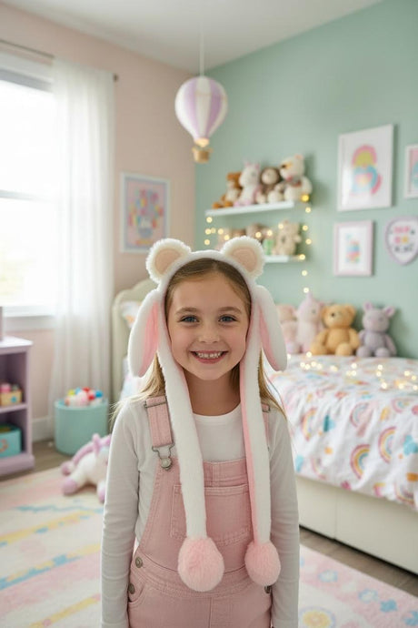 White plush animal ear headband with pale pink inner ears worn by a smiling young girl