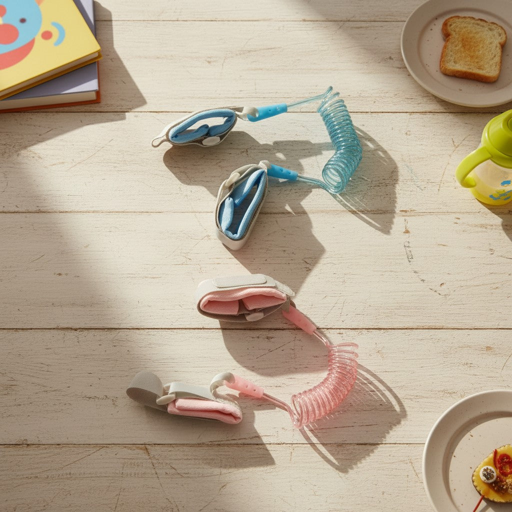 Pink and blue anti lost child wrist links laid out on a wooden floor showing padded cuffs and coil cords