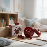 Apple puzzle matching set beside its box with mini apples spilling out on a playroom rug