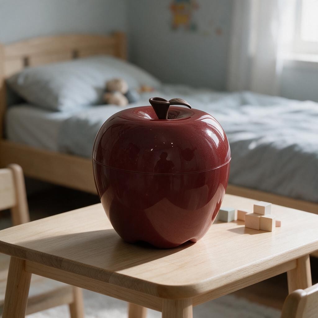 Closed red apple shaped storage case on a small wooden table in a kids bedroom