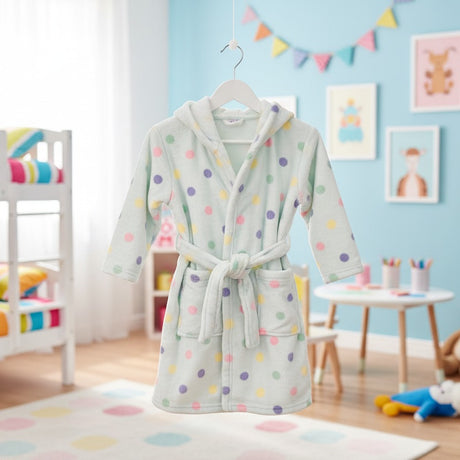 Mint polka dot kids robe on a hanger with hood, belt and front pockets
