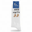 White crew sock with black Arabic lettering and two tan knitted motifs
