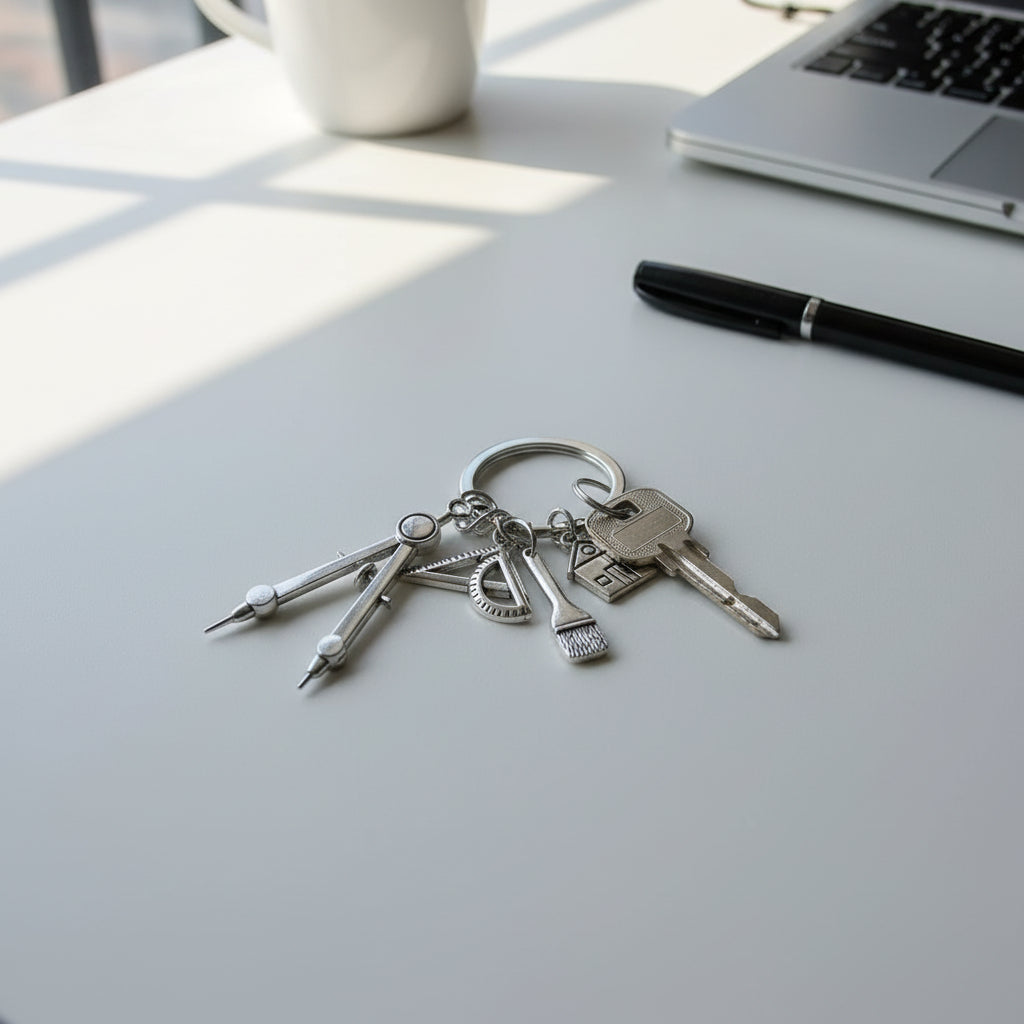 Architect keychain with compass, protractor, brush, and house charms on a desk