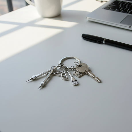 Architect keychain with compass, protractor, brush, and house charms on a desk