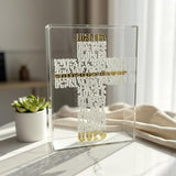 Clear acrylic block with the Armenian prayer raised in white letters on marble