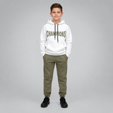White hooded sweatshirt and olive green jogger set shown flat for boys