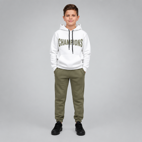 White hooded sweatshirt and olive green jogger set shown flat for boys