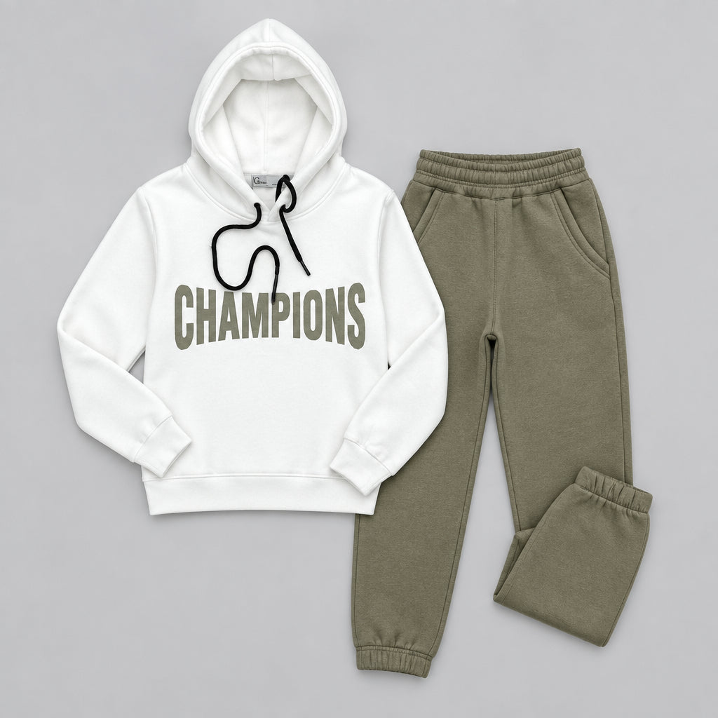 White hoodie with a Champions chest print laid out with army green joggers