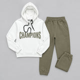 White hoodie with a Champions chest print laid out with army green joggers