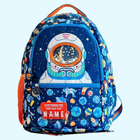 Space print backpack with orange trim, mesh side pocket and customisable name tag panel