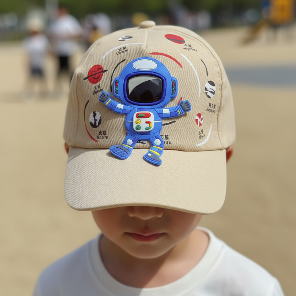 Beige kids baseball cap with a blue astronaut patch and planet prints, worn by a boy outdoors