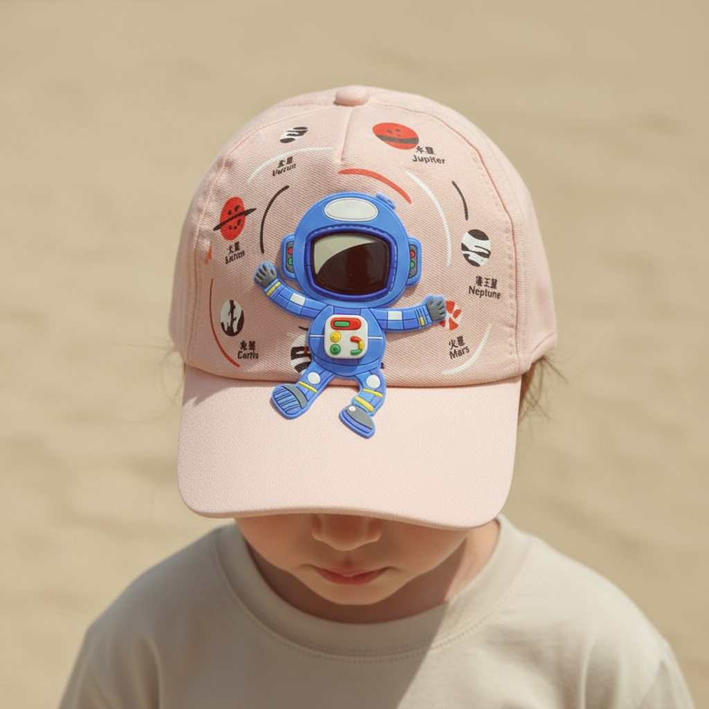 Soft pink kids cap featuring a blue astronaut figure surrounded by printed planets, worn by a child