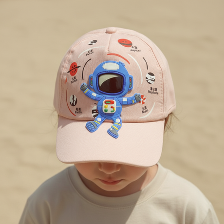 Soft pink kids cap featuring a blue astronaut figure surrounded by printed planets, worn by a child