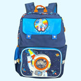 Light blue flap with space shuttle rainbow patch on a navy kids school backpack