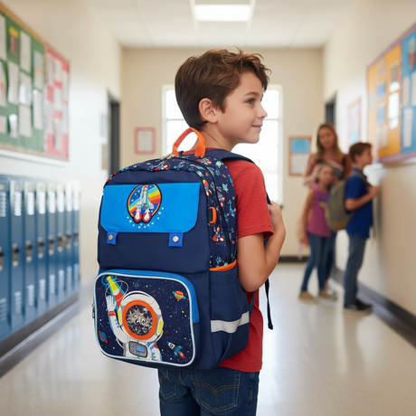 Boys navy astronaut school backpack with rocket flap patch and glitter helmet pocket