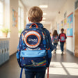 Boy wearing navy space print school backpack with astronaut helmet front pocket, Jack Gifts Online Lebanon