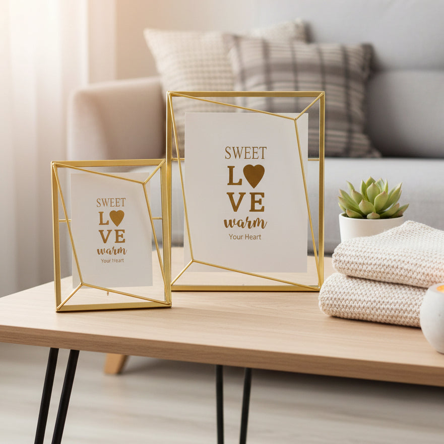 Two gold frames with faceted geometric cages on an oak table with hairpin legs