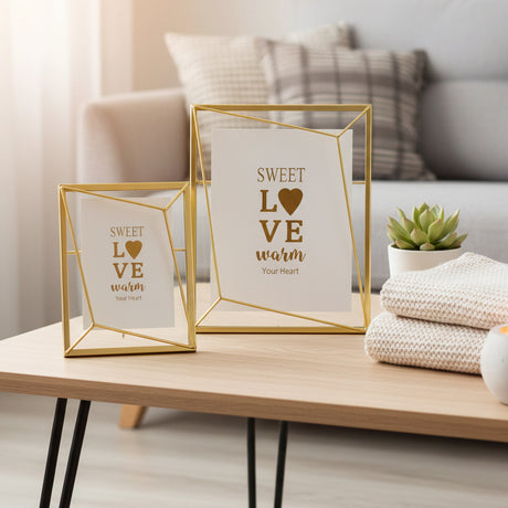 Two gold frames with faceted geometric cages on an oak table with hairpin legs