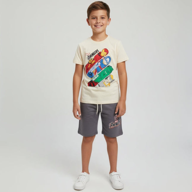 Cream boys set with an Avengers skateboard stack print tee and grey drawstring shorts