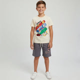 Cream boys set with an Avengers skateboard stack print tee and grey drawstring shorts