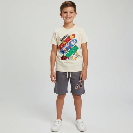 Cream boys set with an Avengers skateboard stack print tee and grey drawstring shorts