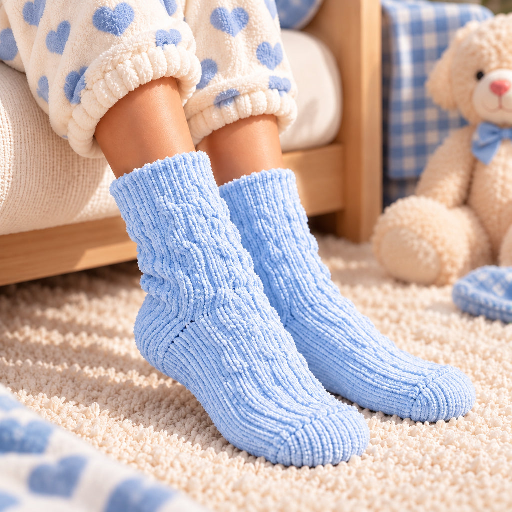 Child wearing baby blue cable knit fuzzy socks with blue heart pyjamas and a plush bunny