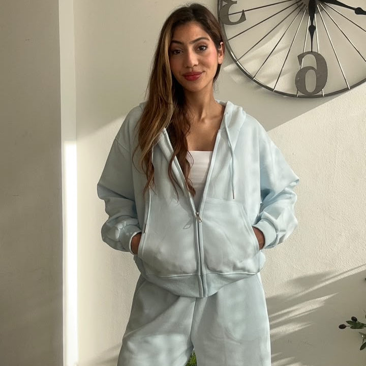 Full length baby blue fleece zip hoodie and floor length wide leg sweatpants