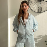 Full length baby blue fleece zip hoodie and floor length wide leg sweatpants