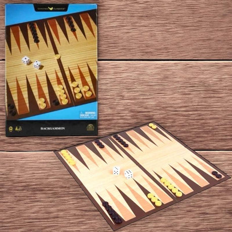 Backgammon board set up beside its retail box on a wood plank background