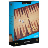 Blue retail box for the backgammon set showing the board set up on the front