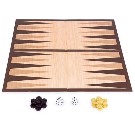 Backgammon board open flat with black and yellow checkers and two dice laid out below