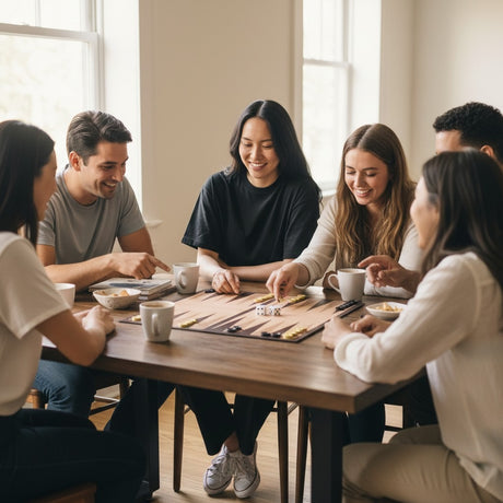 Group gathered round a backgammon board mid game with mugs on the table