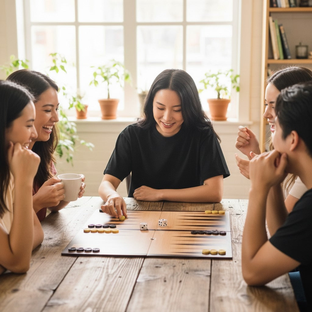 Players moving yellow and black checkers on the folding backgammon board