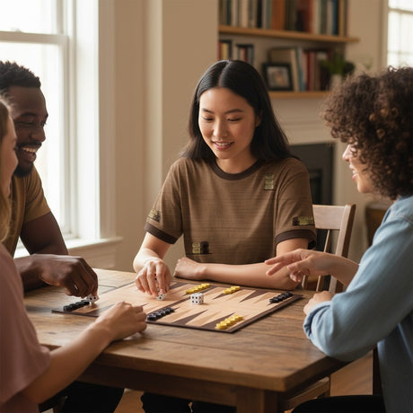 Friends playing backgammon on a wooden board at a rustic oak table