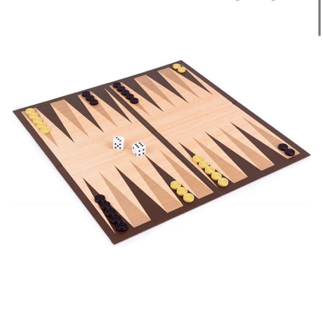 Two panel folding backgammon board set up with yellow and black checkers and two dice