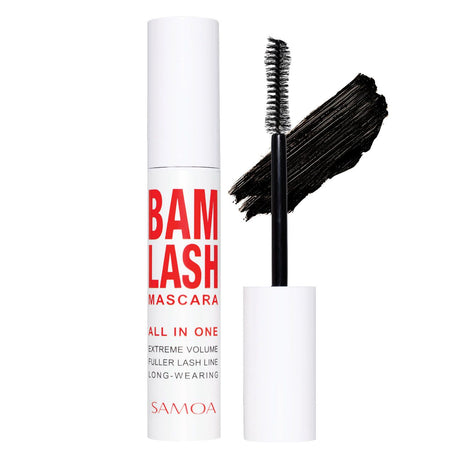 Samoa Bam Lash mascara in a white tube with wand and black swatch