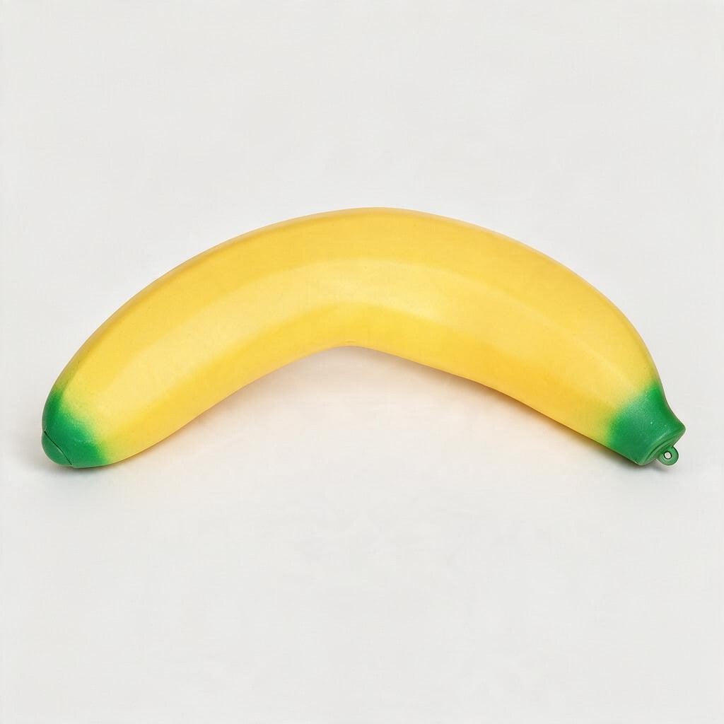 Curved yellow banana squishy with green tips on a light grey background