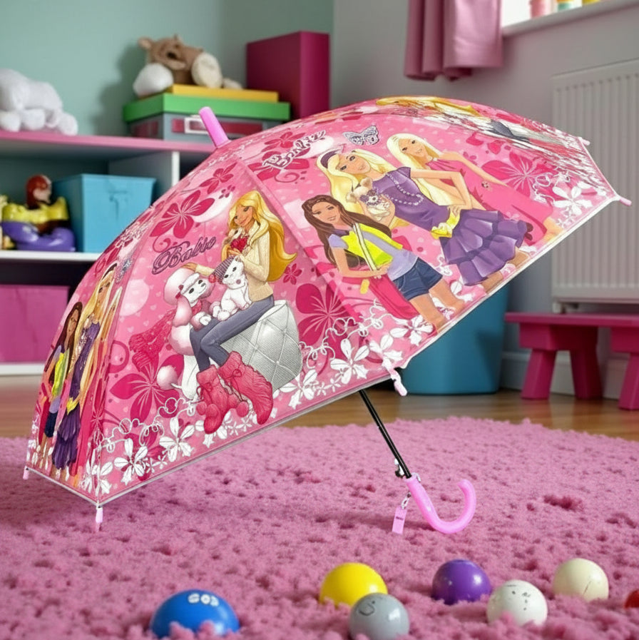 Open pink kids umbrella with Barbie dolls, puppies and flowers on the canopy
