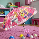 Open pink kids umbrella with Barbie dolls, puppies and flowers on the canopy