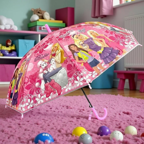 Open pink kids umbrella with Barbie dolls, puppies and flowers on the canopy
