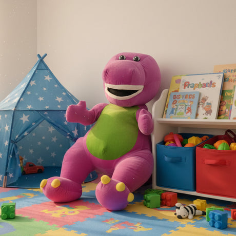 Large purple dinosaur plush with a lime green belly sitting on a playroom floor mat
