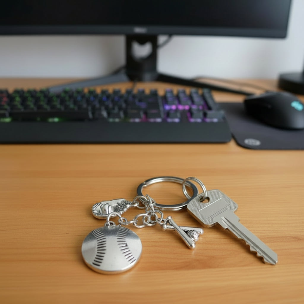 Baseball keychain with ball, bat, and catchers mitt charms on a desk
