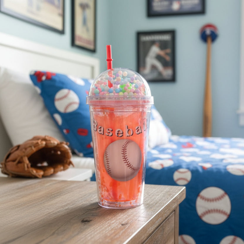 Coral red tumbler with a bead filled dome lid, red straw and a baseball print