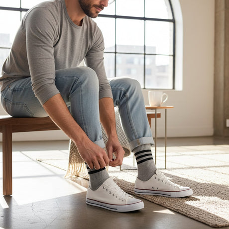 Man sitting on a bench wearing grey socks with black stripes in a bright room