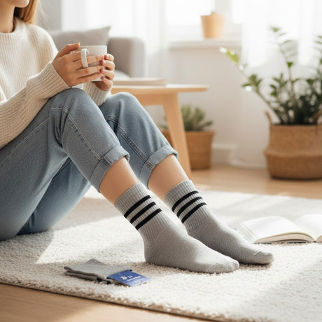 Person sitting on a rug in a living room wearing grey socks with black stripes, holding a mug.