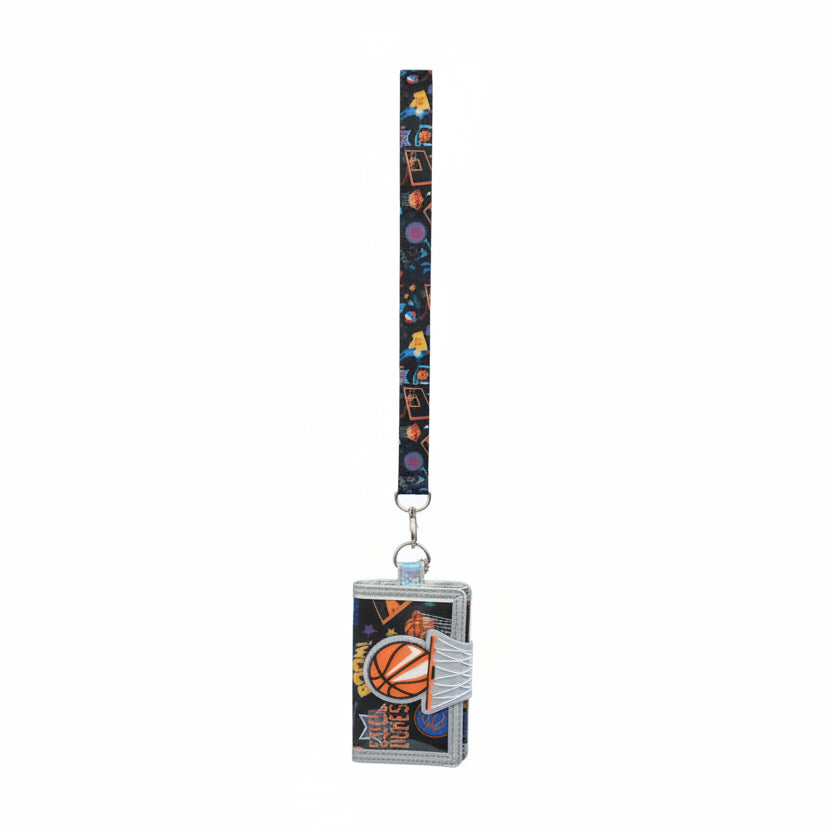 Black basketball wallet with a 3D orange ball and hoop patch on a printed lanyard neck strap
