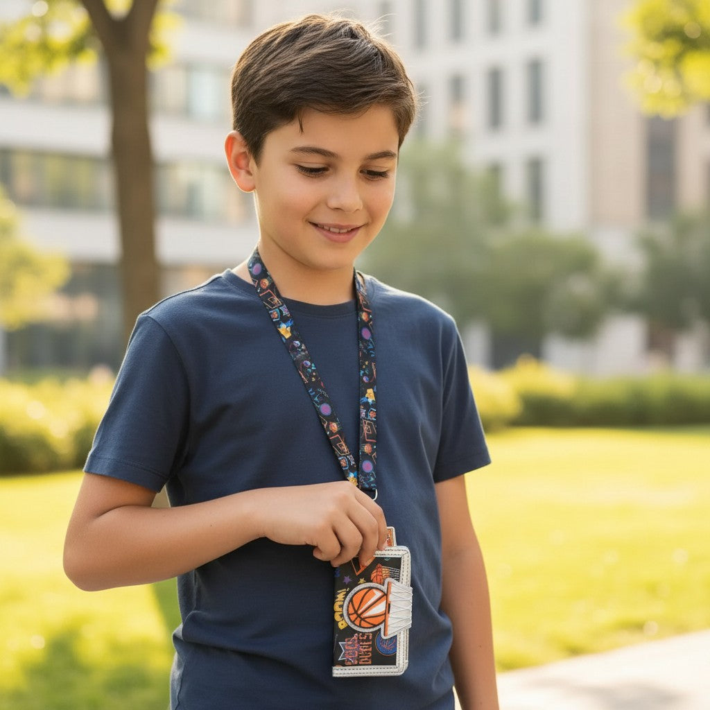Boy in a navy tee opening a black basketball wallet hanging from a printed neck lanyard