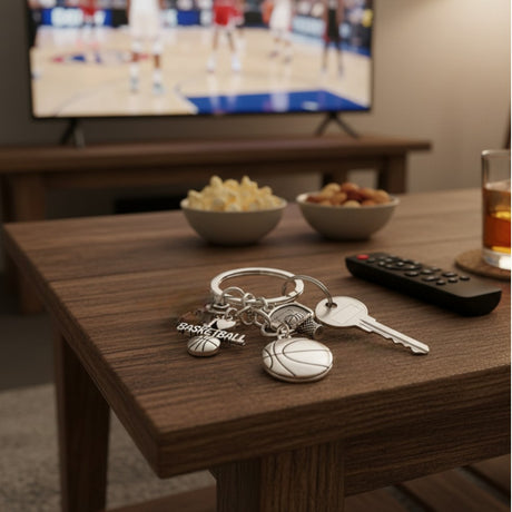 Basketball keychain with ball, hoop, and I Heart Basketball charms on a table